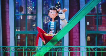 Movie still from “The Secret Life of Pets” (2016), directed by Chris Renaud – A statue of a boy and a dog sitting on a balcony; Wide shot, Over the shoulder angle