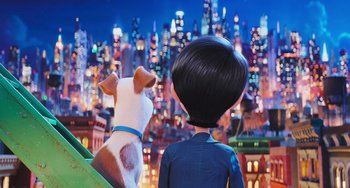 Movie still from “The Secret Life of Pets” (2016), directed by Chris Renaud – A dog and a boy looking out over a city at night; Wide shot, Over the shoulder angle
