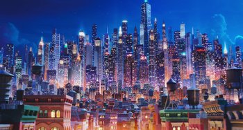 Movie still from “The Secret Life of Pets” (2016), directed by Chris Renaud – An illustration of a city skyline at night; Extreme Wide shot, Low angle