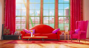 Movie still from “The Secret Life of Pets” (2016), directed by Chris Renaud – A red couch in front of a large window; Extreme Wide shot, High angle