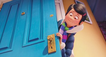 Movie still from “The Secret Life of Pets” (2016), directed by Chris Renaud – A woman peeks out from behind a blue door; Medium shot, Over the shoulder angle