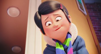 Movie still from “The Secret Life of Pets” (2016), directed by Chris Renaud – A cartoon character's face with a scarf; Close Up shot, Over the shoulder angle