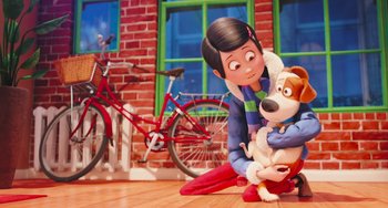 Movie still from “The Secret Life of Pets” (2016), directed by Chris Renaud – A woman sitting on the ground with a dog; Wide shot, Over the shoulder angle