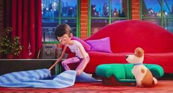 Movie still from “The Secret Life of Pets” (2016), directed by Chris Renaud – A cartoon of a person cleaning the living room floor; Wide shot, High angle