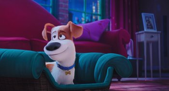 Movie still from “The Secret Life of Pets” (2016), directed by Chris Renaud – A dog sitting in a chair in a room; Wide shot, Over the shoulder angle