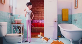 Movie still from “The Secret Life of Pets” (2016), directed by Chris Renaud – A woman standing in a bathroom next to a dog; Wide shot, Over the shoulder angle