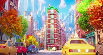 Movie still from “The Secret Life of Pets” (2016), directed by Chris Renaud – A painting of cars driving down a street with tall buildings in the background; Extreme Wide shot, Low angle