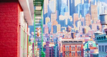 Movie still from “The Secret Life of Pets” (2016), directed by Chris Renaud – A view of a city from a building with a green fire escape; Extreme Wide shot, Low angle