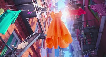 Movie still from “The Secret Life of Pets” (2016), directed by Chris Renaud – An orange dress hanging on a clothesline in a city; Wide shot, Low angle