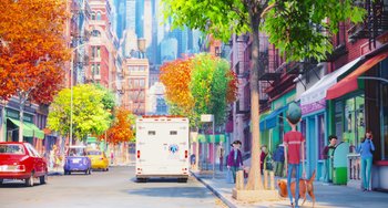 Movie still from “The Secret Life of Pets” (2016), directed by Chris Renaud – An artist's rendering of a bus driving down the street; Extreme Wide shot, Low angle