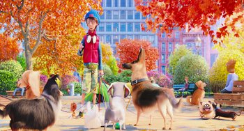 Movie still from “The Secret Life of Pets” (2016), directed by Chris Renaud – A man and two dogs in a city park; Wide shot, Over the shoulder angle