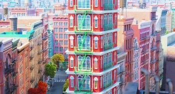 Movie still from “The Secret Life of Pets” (2016), directed by Chris Renaud – A tall red building with many windows on top of it; Extreme Wide shot, Low angle