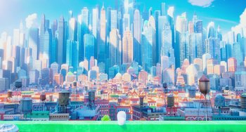 Movie still from “The Secret Life of Pets” (2016), directed by Chris Renaud – A painting of a city skyline with a green roof; Extreme Wide shot, Low angle