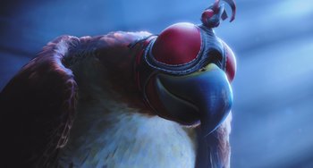 Movie still from “The Secret Life of Pets” (2016), directed by Chris Renaud – The head of a bird wearing a helmet; Extreme Close Up shot, Low angle