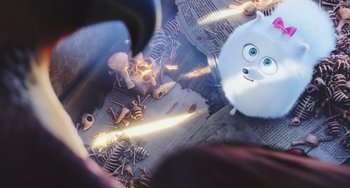 Movie still from “The Secret Life of Pets” (2016), directed by Chris Renaud – A white fluffy dog sitting on top of a newspaper pile; Extreme Close Up shot, High angle