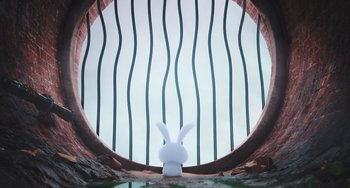 Movie still from “The Secret Life of Pets” (2016), directed by Chris Renaud – A white rabbit sitting in front of a circular window; Extreme Wide shot, High angle