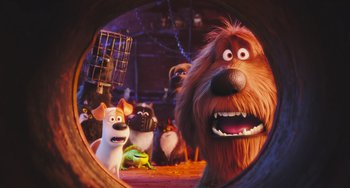 Movie still from “The Secret Life of Pets” (2016), directed by Chris Renaud – A group of cartoon dogs in a room with a cage in front of them; Wide shot, Low angle