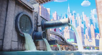 Movie still from “The Secret Life of Pets” (2016), directed by Chris Renaud – A large pipe that has water coming out of it into the air; Extreme Wide shot, Low angle