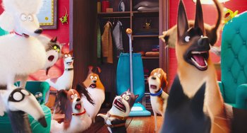 Movie still from “The Secret Life of Pets” (2016), directed by Chris Renaud – A bunch of dogs that are sitting in a room together; Wide shot, Low angle