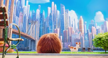Movie still from “The Secret Life of Pets” (2016), directed by Chris Renaud – A cat and a dog are looking out at a city; Wide shot, Low angle