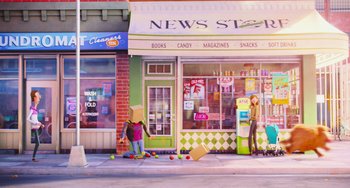 Movie still from “The Secret Life of Pets” (2016), directed by Chris Renaud – An animated scene of a store front with people outside of the store; Extreme Wide shot, Low angle