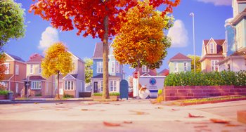 Movie still from “The Secret Life of Pets” (2016), directed by Chris Renaud – A painting of a street scene with houses in the background; Extreme Wide shot, Low angle