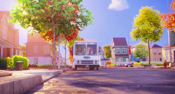 Movie still from “The Secret Life of Pets” (2016), directed by Chris Renaud – An ice cream truck driving down the street; Extreme Wide shot, Low angle