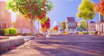 Movie still from “The Secret Life of Pets” (2016), directed by Chris Renaud – A dog is walking down the street on a sunny day; Extreme Wide shot, Low angle