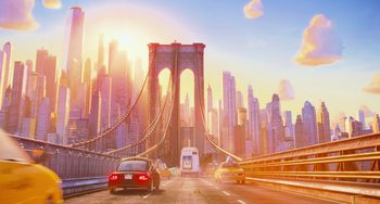 Movie still from “The Secret Life of Pets” (2016), directed by Chris Renaud – A car driving down a street next to tall buildings; Extreme Wide shot, Low angle