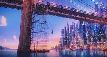 Movie still from “The Secret Life of Pets” (2016), directed by Chris Renaud – A painting of a bridge and a city at night; Extreme Wide shot, Low angle