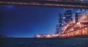 Movie still from “The Secret Life of Pets” (2016), directed by Chris Renaud – A large body of water near a large city at night time; Extreme Wide shot, Low angle