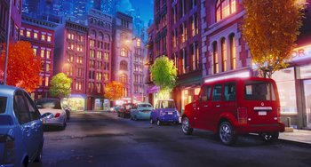 Movie still from “The Secret Life of Pets” (2016), directed by Chris Renaud – An illustration of cars parked on the side of the street; Wide shot, Low angle
