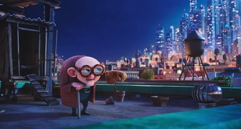 Movie still from “The Secret Life of Pets” (2016), directed by Chris Renaud – An image of an animated character in a city setting; Wide shot, Low angle
