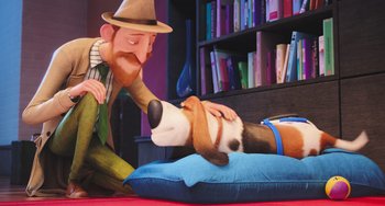 Movie still from “The Secret Life of Pets” (2016), directed by Chris Renaud – A man petting a dog on the head of a dog; Wide shot, Over the shoulder angle