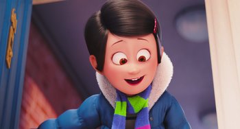 Movie still from “The Secret Life of Pets” (2016), directed by Chris Renaud – A cartoon character with a scarf on; Close Up shot, Over the shoulder angle