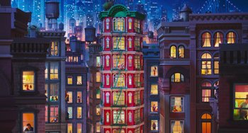 Movie still from “The Secret Life of Pets” (2016), directed by Chris Renaud – A painting of a tall building in the city; Extreme Wide shot, Low angle