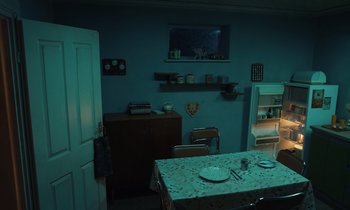 Movie still from “The Silent Twins” (2022), directed by Agnieszka Smoczynska – A table and chairs in a room with a refrigerator and a window; Extreme Wide shot, High angle