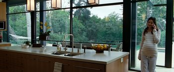 Movie still from “Due Date” (2010), directed by Todd Phillips – A bowl filled with fruit sitting on top of a kitchen counter; Wide shot, Low angle