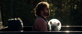 Movie still from “Due Date” (2010), directed by Todd Phillips – A man with a beard and glasses and a white dog; Medium shot, Low angle