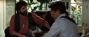 Movie still from “Due Date” (2010), directed by Todd Phillips – Two men sitting on a couch with a dog in their lap; Medium shot, Over the shoulder angle