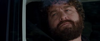 Movie still from “Due Date” (2010), directed by Todd Phillips – A person with a beard looking at the camera; Close Up shot, Over the shoulder angle