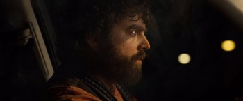 Movie still from “Due Date” (2010), directed by Todd Phillips – A person with a beard looking to the side; Close Up shot, Low angle