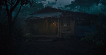 Movie still from “The Suicide Squad” (2021), directed by James Gunn – A wooden house in the middle of the night; Extreme Wide shot, Low angle