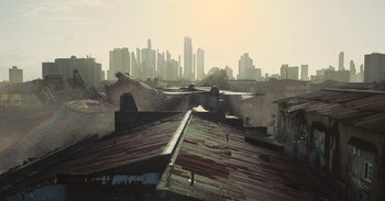 Movie still from “The Suicide Squad” (2021), directed by James Gunn – An old building is being demolished in a city; Extreme Wide shot, High angle