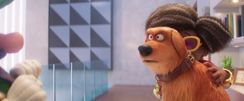 Movie still from “The Super Mario Bros. Movie” (2023), directed by Aaron Horvath – A stuffed animal dog with a brown head and a brown collar; Close Up shot, Over the shoulder angle