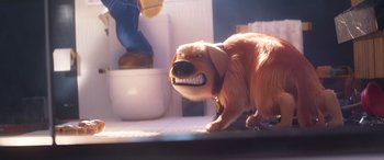 Movie still from “The Super Mario Bros. Movie” (2023), directed by Aaron Horvath – A brown dog with its mouth wide open and its teeth hanging out; Close Up shot, Low angle