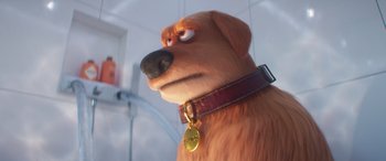 Movie still from “The Super Mario Bros. Movie” (2023), directed by Aaron Horvath – A dog with a collar on; Close Up shot, Over the shoulder angle