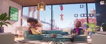 Movie still from “The Super Mario Bros. Movie” (2023), directed by Aaron Horvath – An animated scene of a living room with a view of the city; Wide shot, Low angle