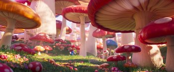 Movie still from “The Super Mario Bros. Movie” (2023), directed by Aaron Horvath – Many mushrooms in the grass; Extreme Wide shot, High angle