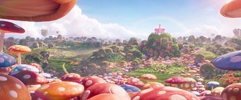 Movie still from “The Super Mario Bros. Movie” (2023), directed by Aaron Horvath – An image of a mushroom land with a castle in the background; Extreme Wide shot, High angle